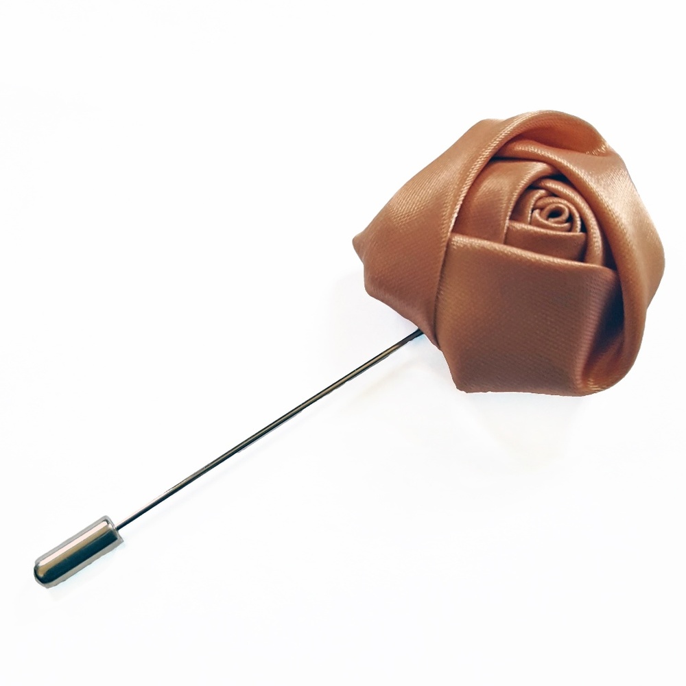 Mens Satin Fabric 3D Rose Lapel Pin Brooch Tan